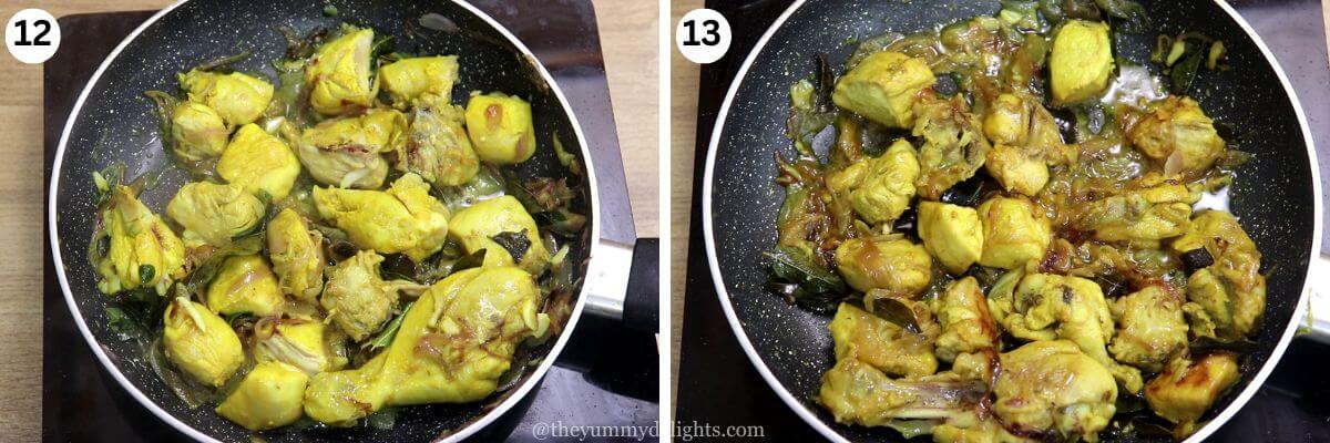 collage of two images showing addition of marinated chicken and stir frying it.