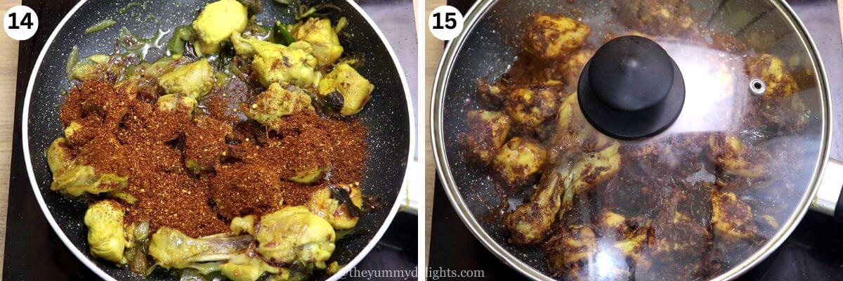 collage of two images showing cooking chicken in sukka masala. It shows addition of sukka masala powder to the chicken and cooking it.