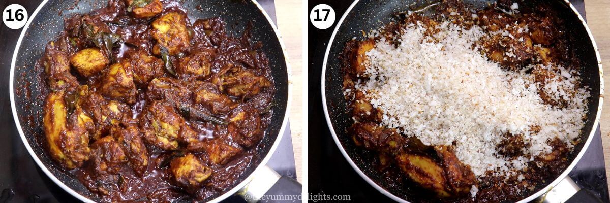 collage of two images showing cooked chicken and addition of roasted coconut to the pan.