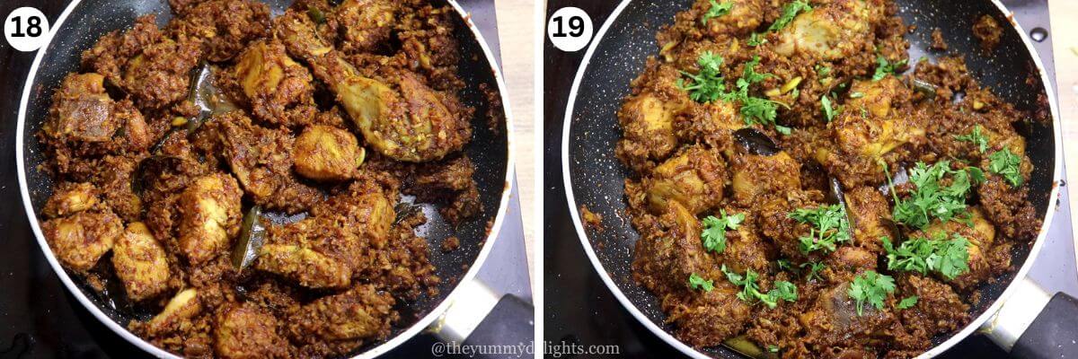 collage of two images showing cooked chicken sukka in a pan and garnishing with coriander leaves.