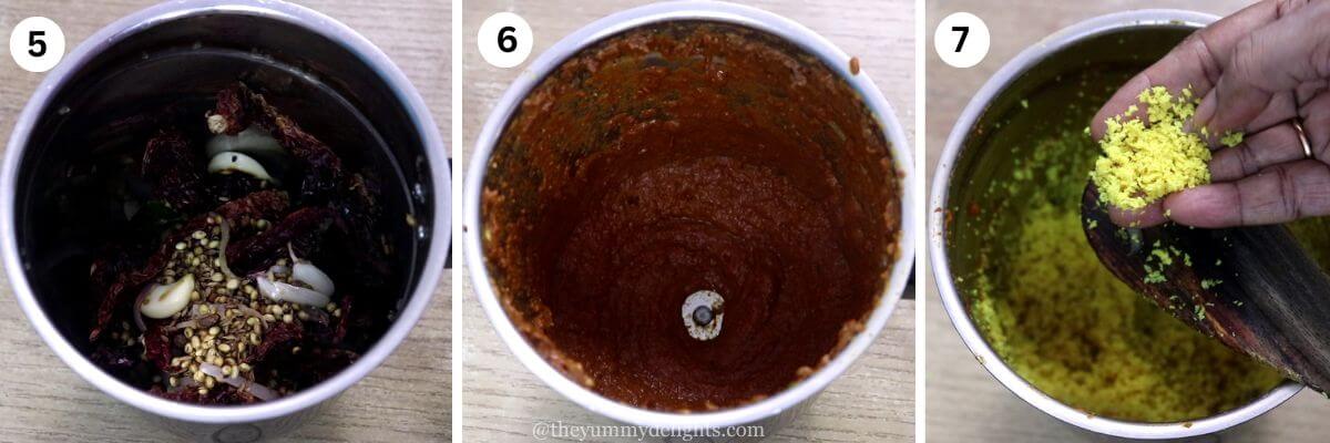 collage of 3 images showing grinding the sukka masala for crab curry and grinding coconut to a coarse mixture.