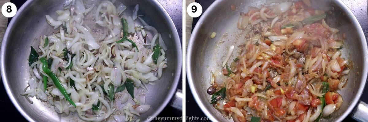 collage of two images showing stir frying the onions and addition of tomatoes and cooking it.