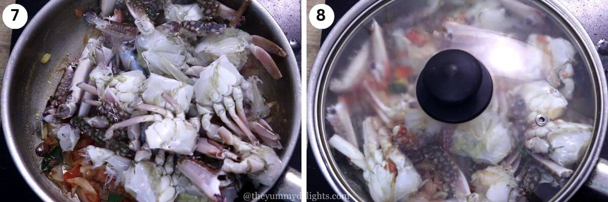 collage of two images showing addition of crab to the pan and cooking it to make the sukka recipe.