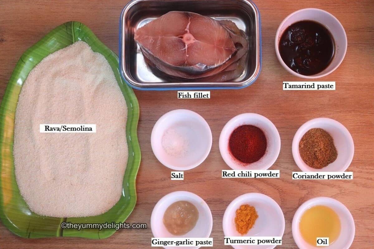 individually labelled ingredients to make rava fish fry recipe are laid out on a table.