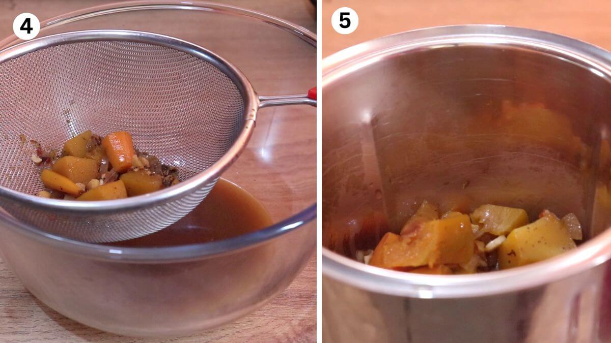 straining cooked roasted pumpkin to remove extra liquid, then blending it in a mixer jar into a smooth creamy puree for soup.