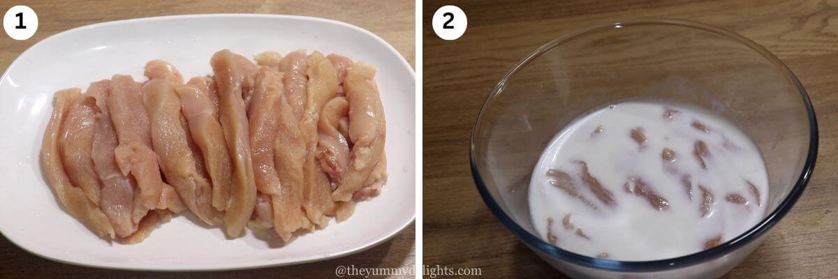 Collage of two images showing chicken cut into thin strips and soaked in salted buttermilk.