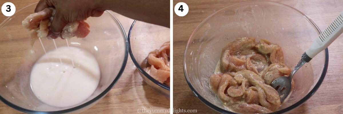 Collage image of 2 steps showing chicken strips being squeezed to remove buttermilk, then marinated.