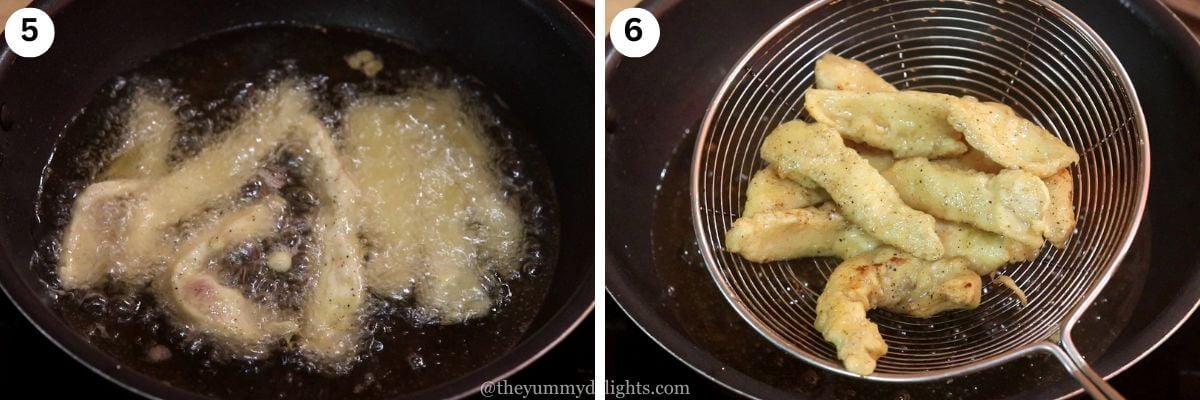 collage of two images showing frying the chicken strips for chicken majestic recipe.