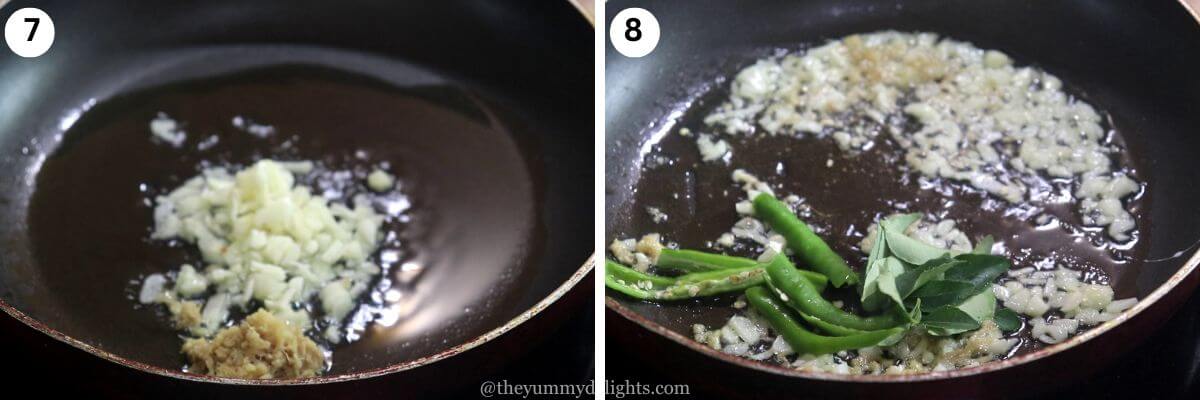 collage of two images showing ginger-garlic stir-fried in hot oil, then green chilies and curry leaves added and sautéed for chicken majestic recipe.