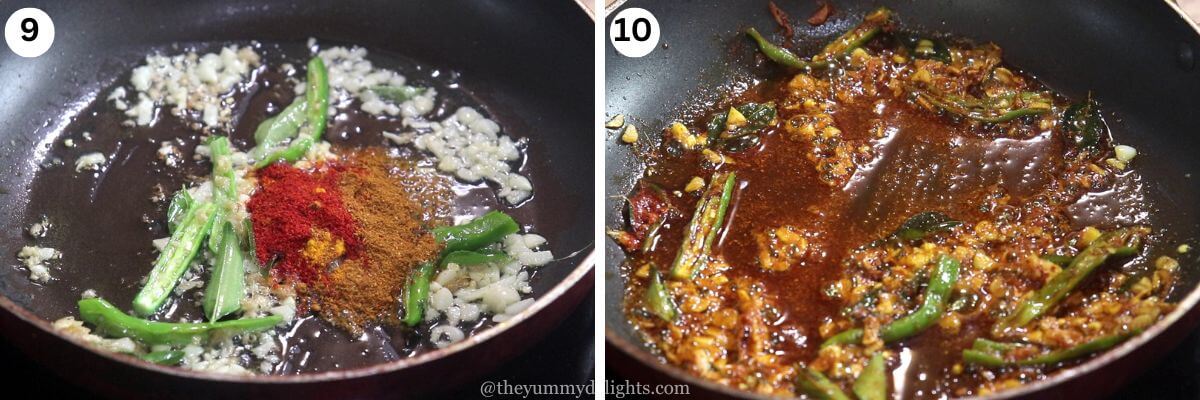 Collage of 2 images showing spices added to the pan and lightly stir-fried to make chicken majestic.