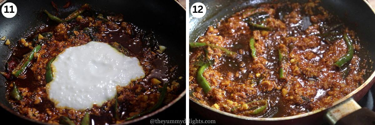 Collage of 2 images showing curd being mixed with spices, then soy sauce being added to the pan.