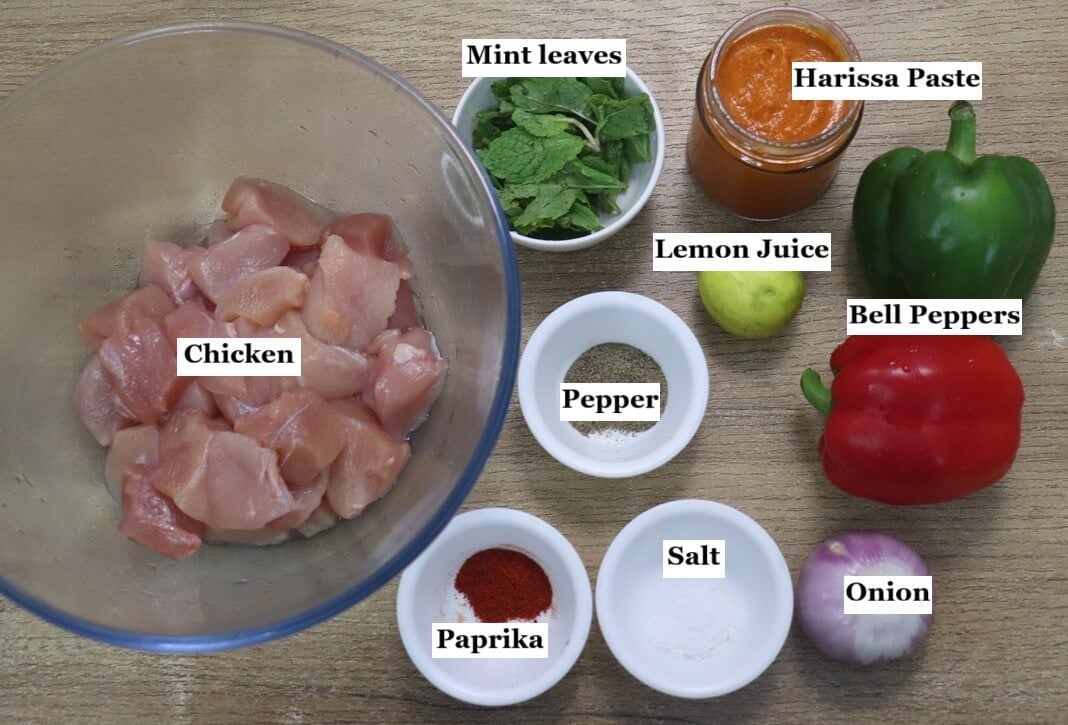 individually labelled ingredients to make harissa chicken skewers.