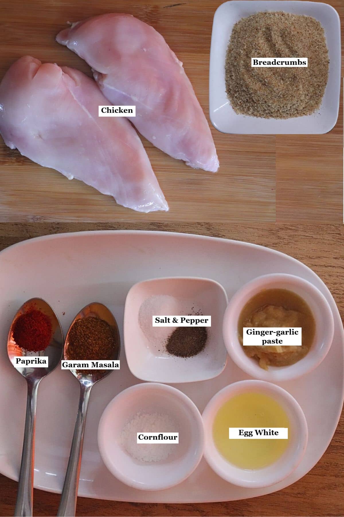 individually labelled ingredients to make popcorn chicken are laid out on a table.