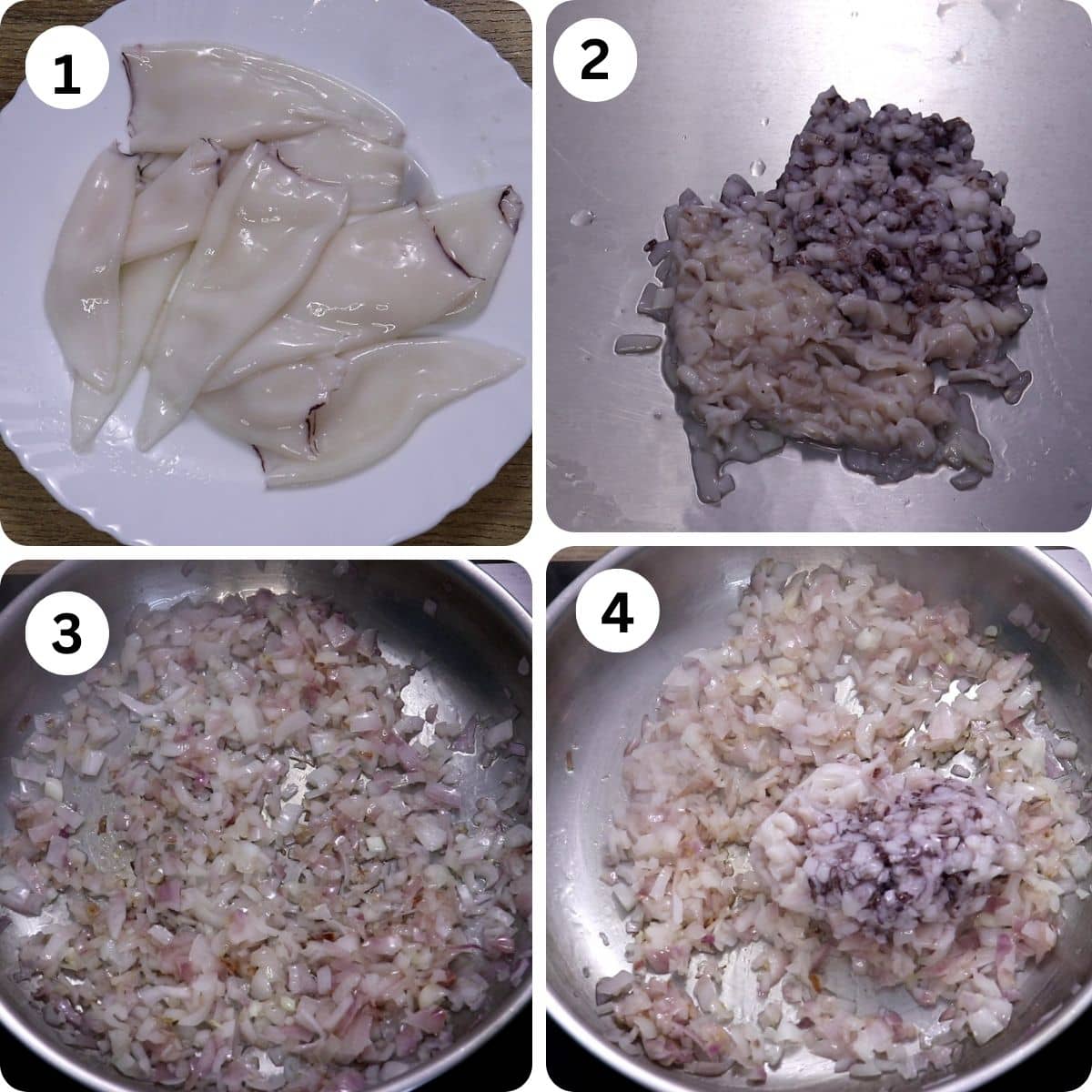 collage of 4 images showing how to make stuffed squids. It shows marinating squids, chopping tentacles, sauteing onions and addition of tentacles.