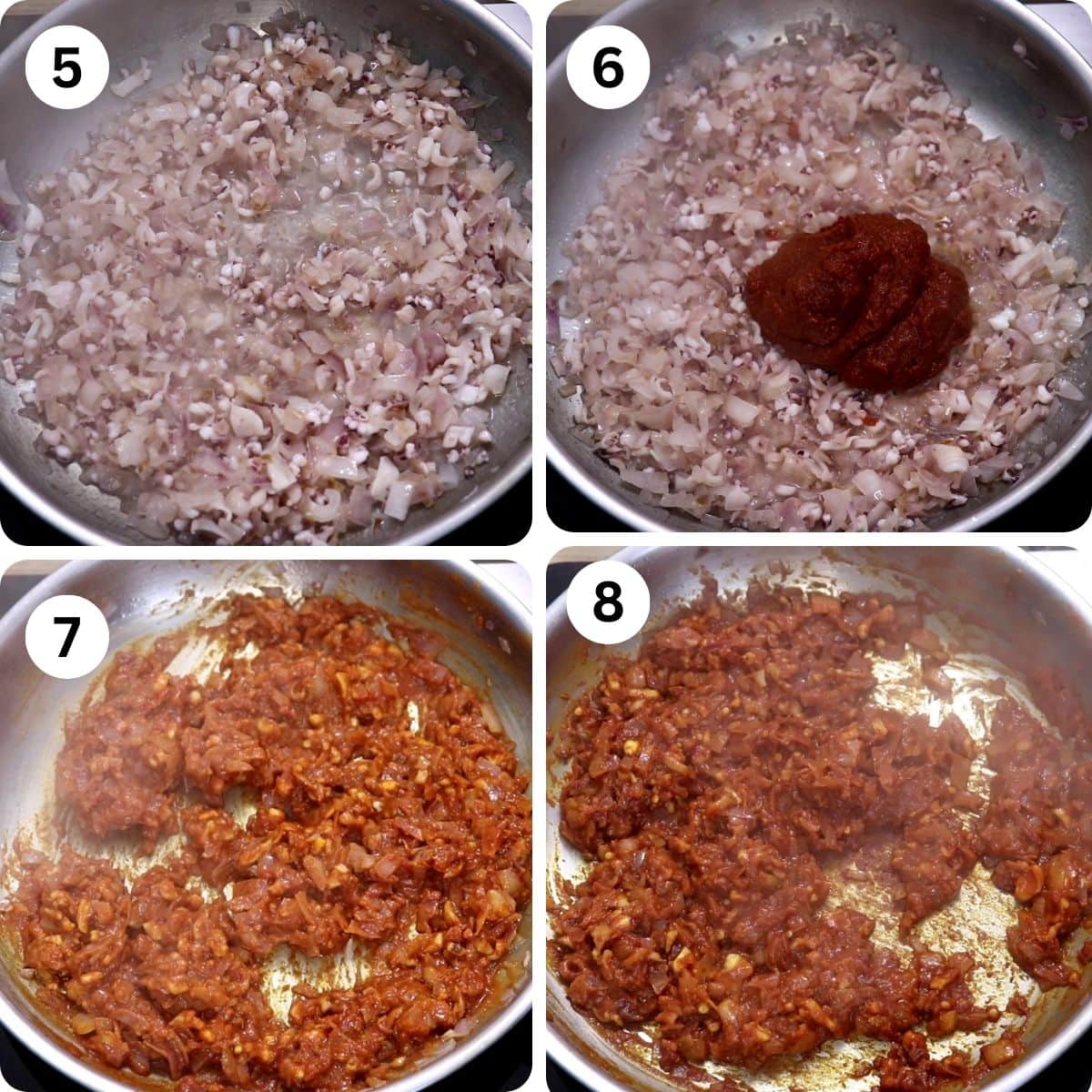 collage of 4 images showing preparinf the stuffing for squids. It shows cooking the tentacles, addition of recheado masala, and cooking the masala.