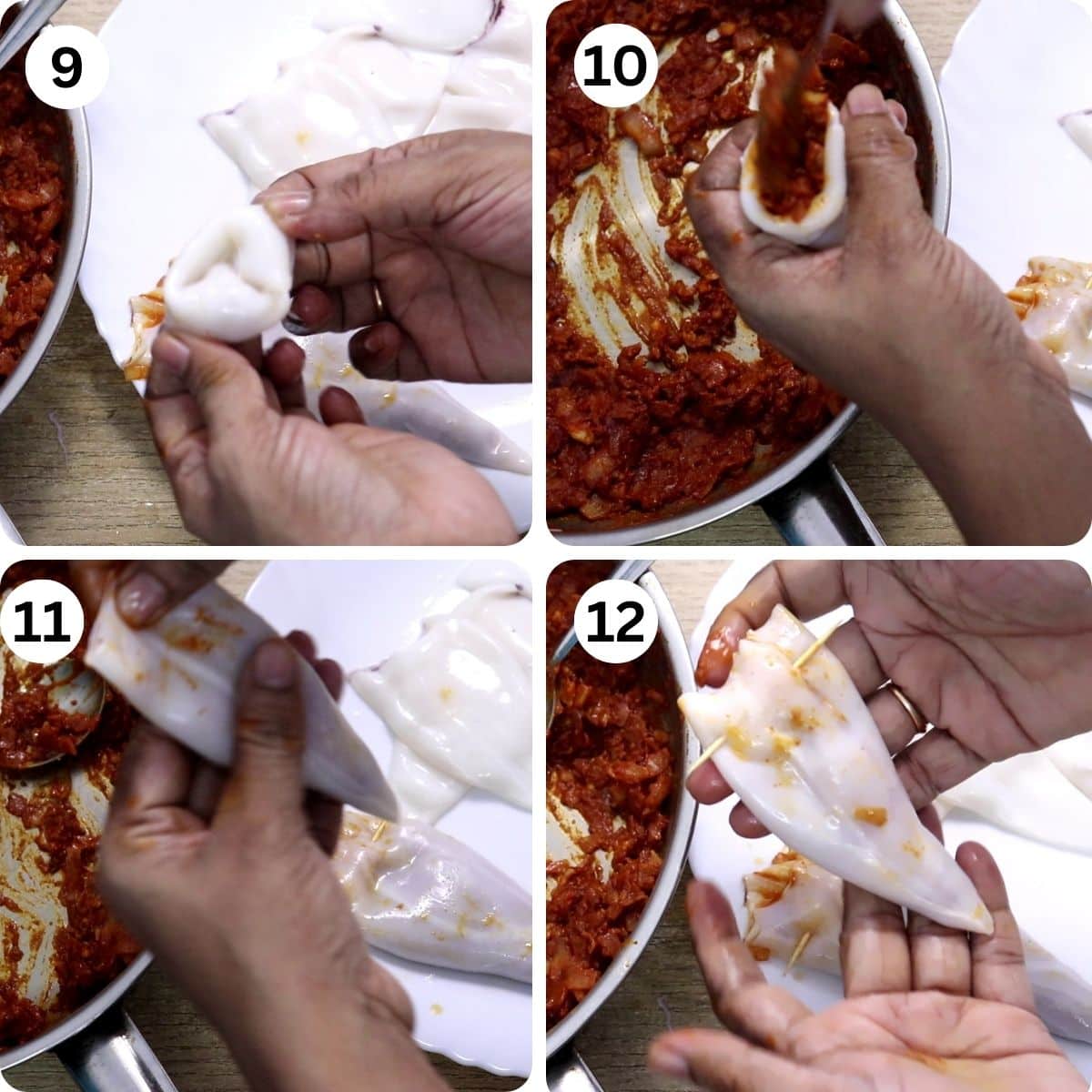 collage of 4 images showing stuffing the squids with recheado masala.