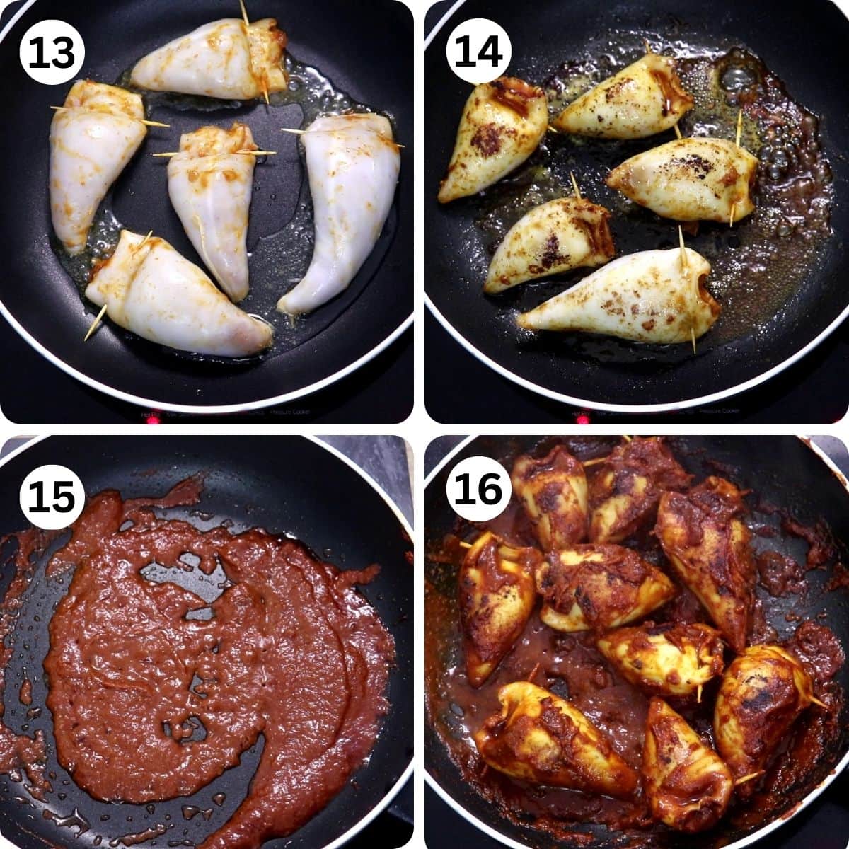 collage of 4 images showing cooking the stuffed squids in a pan.
