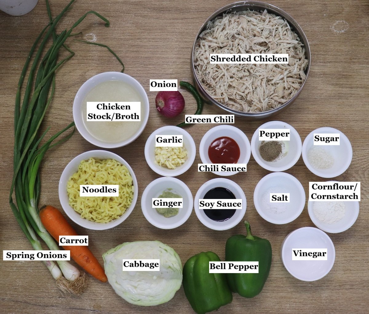 individually labelled ingredients to make chicken manchow soup recipe.
