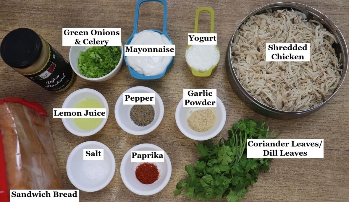 individually labelled ingredients to make chicken mayonnaise sandwich recipe.