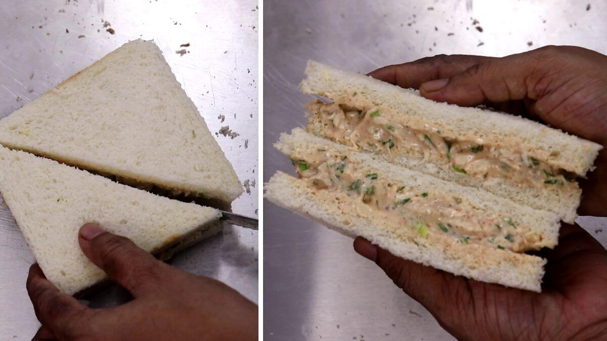 Chicken mayo sandwich cut into halves and ready to serve. Enjoy cold chicken sandwich.