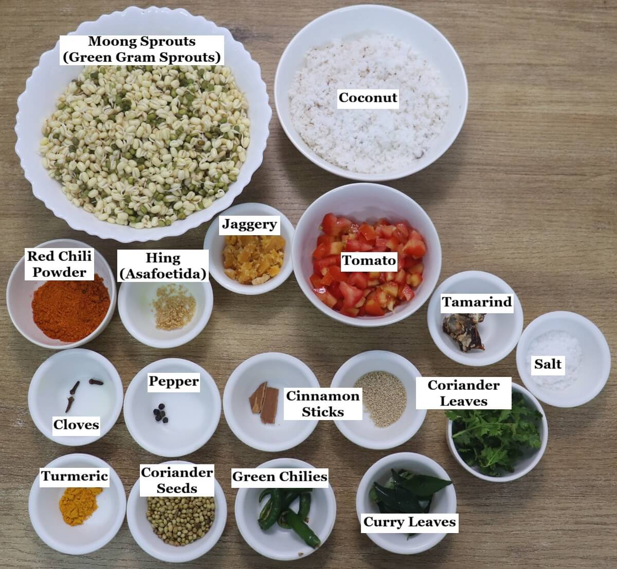 individually labelled ingredients to make mooga gathi.