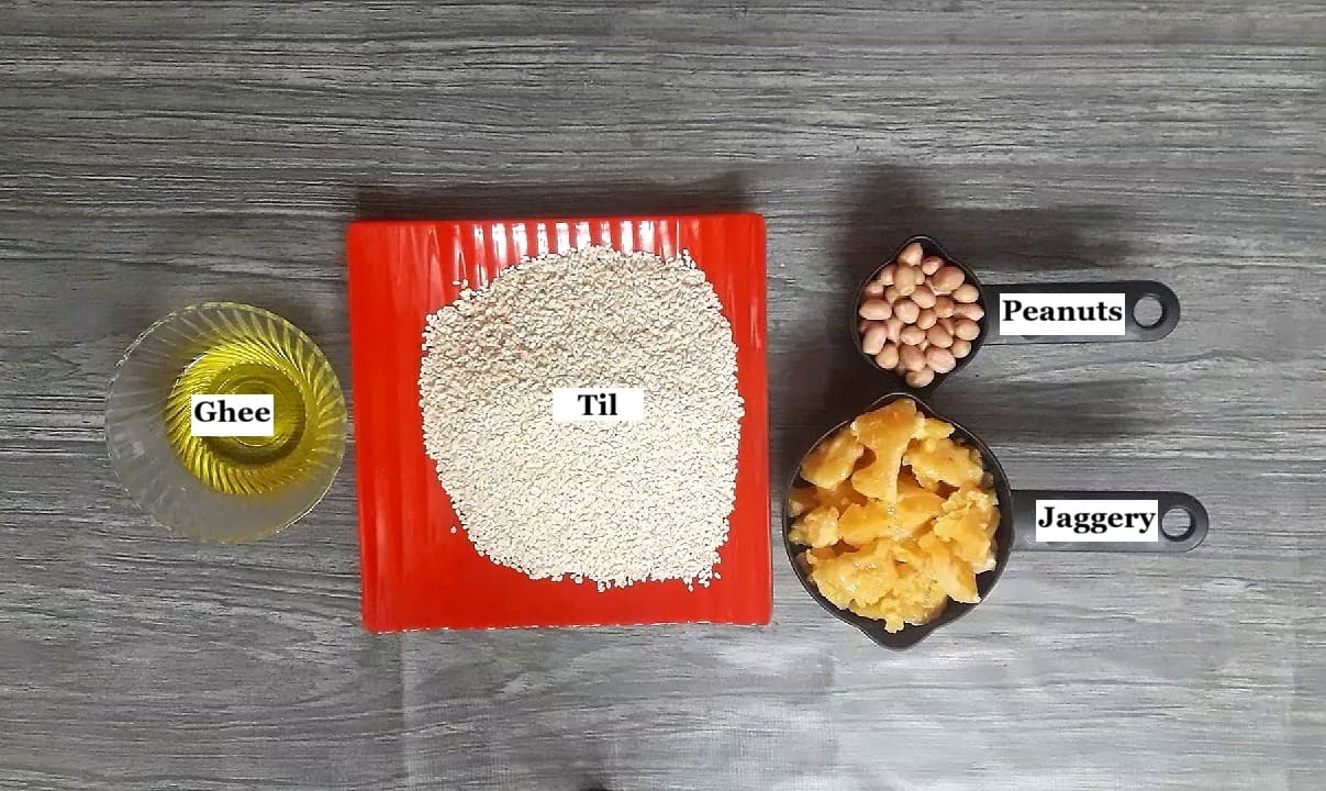 individually labelled ingredients to make sesame seeds ladoo