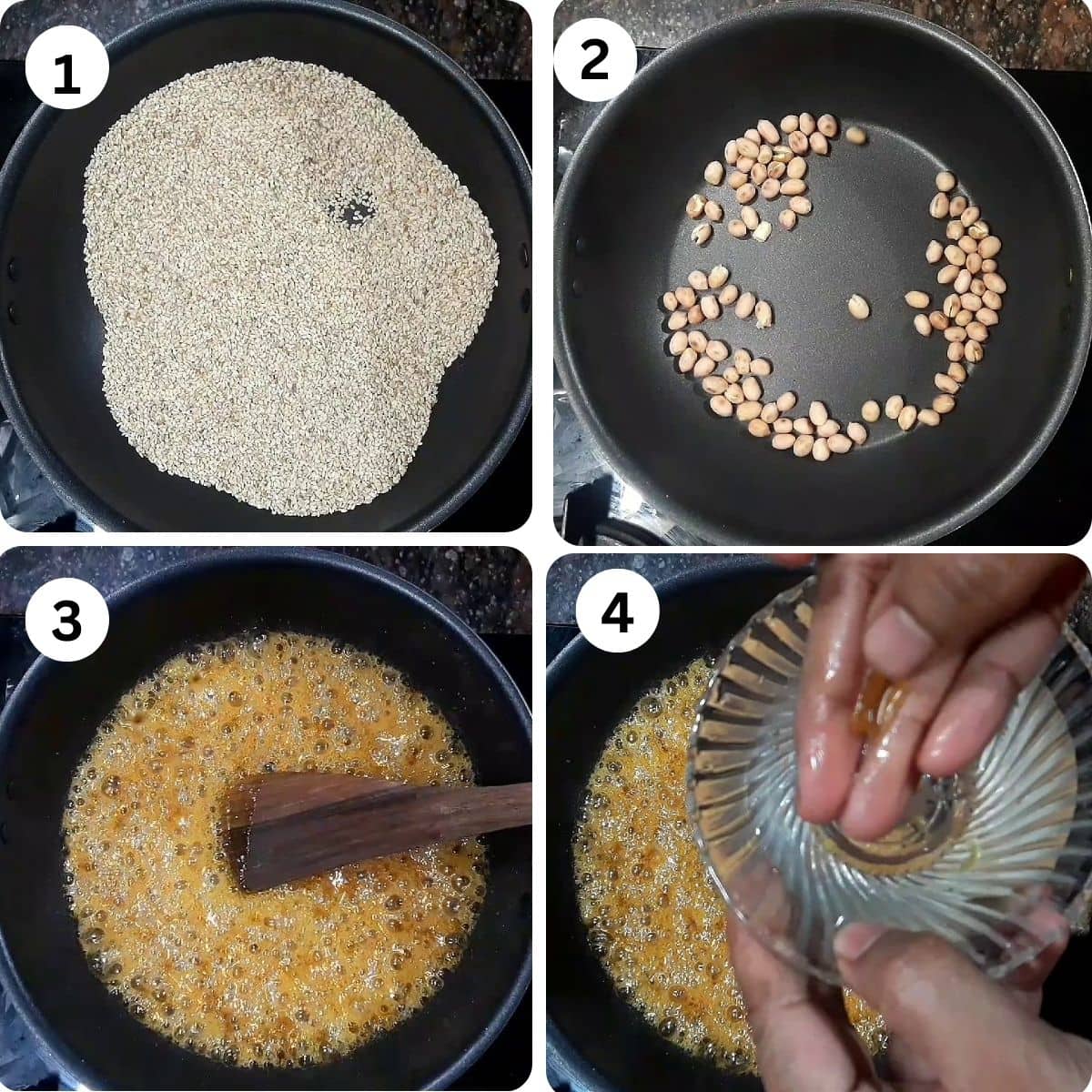 collage of 4 images showing roasting sesame seeds, peanuts and melting jaggery to make ladoo.
