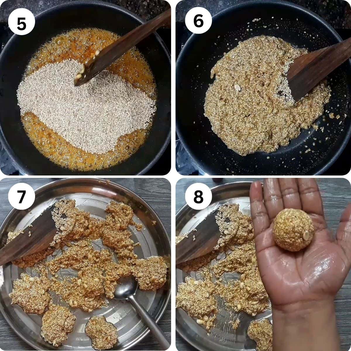 collage of 4 images showing addition of roasted sesame seeds and peanuts to melted jaggery and binding the ladoos.