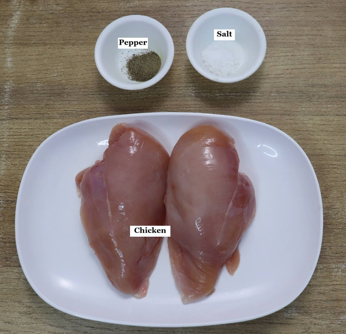 individually labelled ingredients to make shredded chicken.