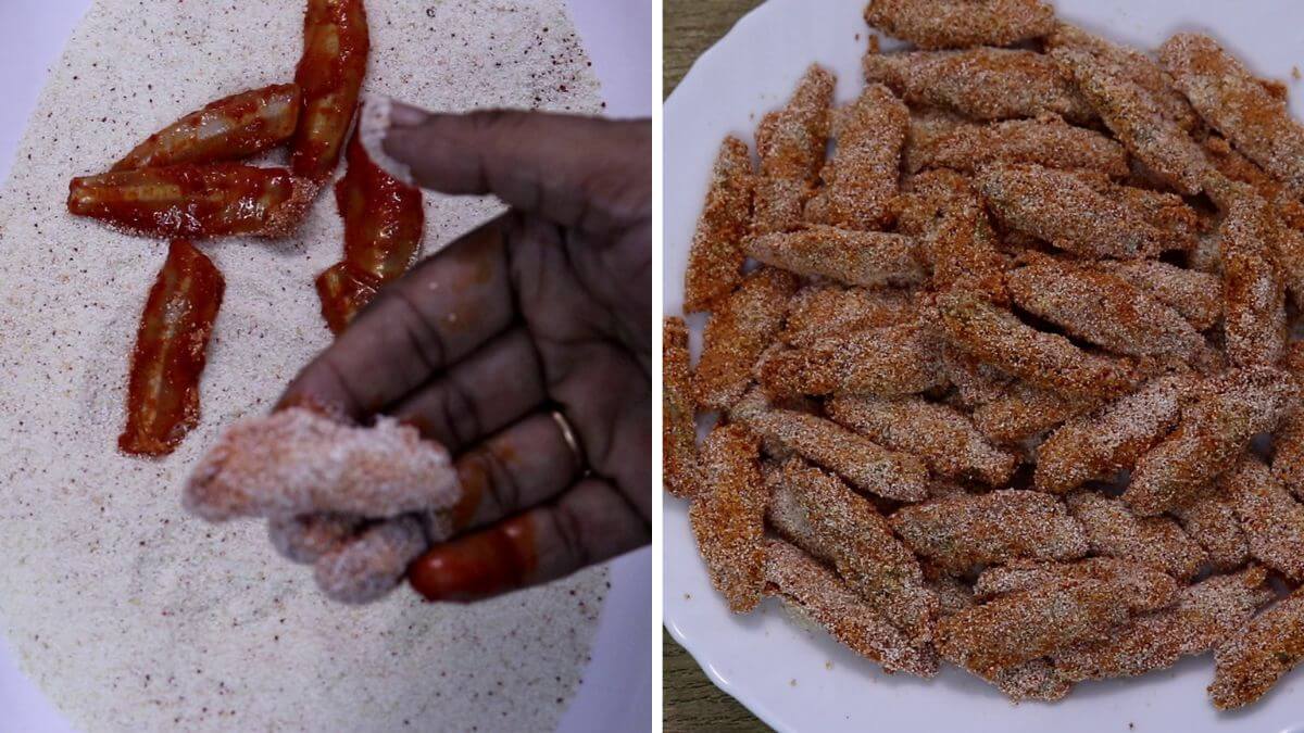 collage of 2 images shows coating the marinated fish with semolina or rava mixture. Another image of all the marinated fish coated with rava are kept in a plate.