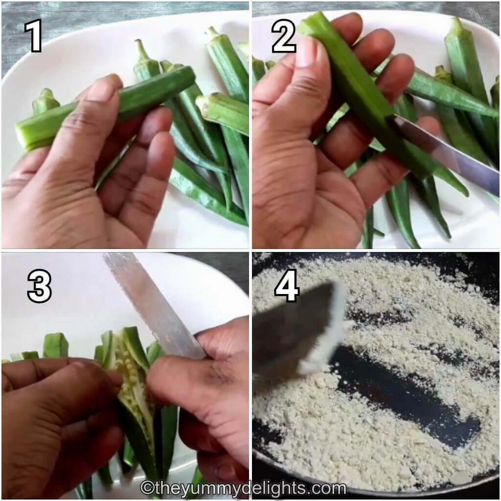 image collage of 4 steps showing cutting the bhindi and roasting besan.