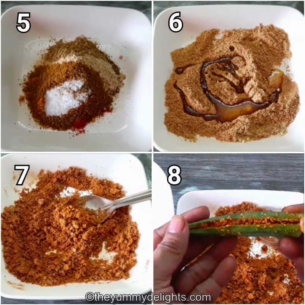 image collage of 4 steps showing making the masala and stuffing the bhindi with it.
