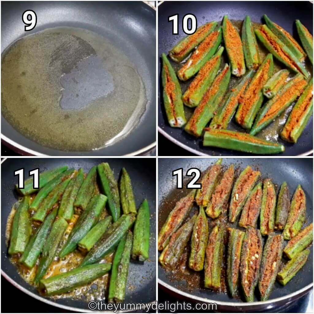 image collage of 4 steps showing cooking bharwa bhindi with besan.