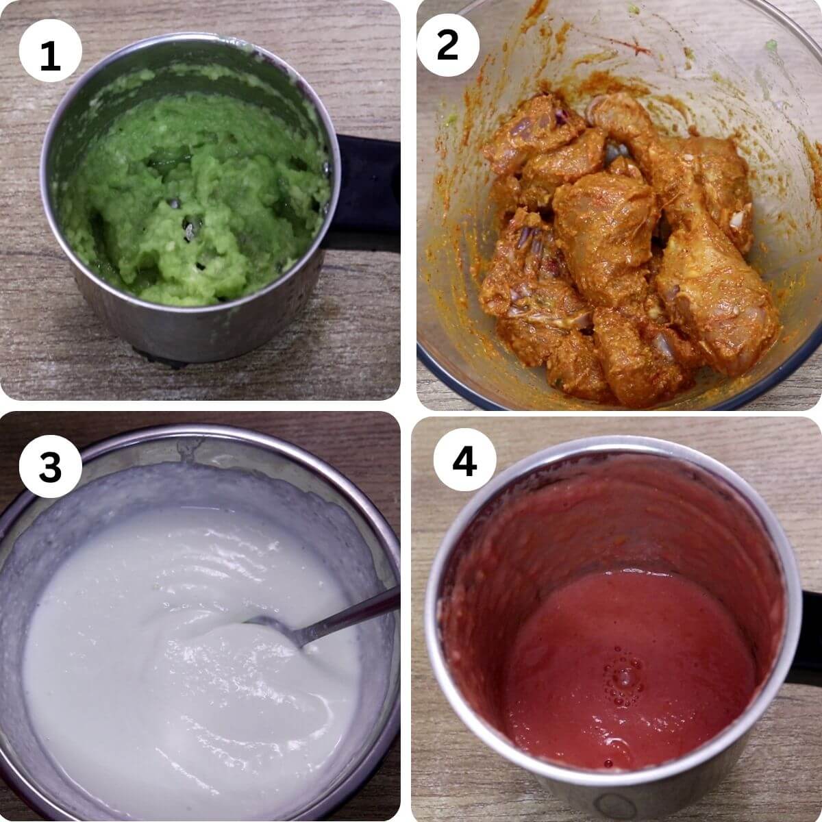 collage of 4 images showing preparations for chicken changezi. It shoes making green chili-ginger-garlic paste, marinating chicken, whisking curd and making fresh tomato paste.