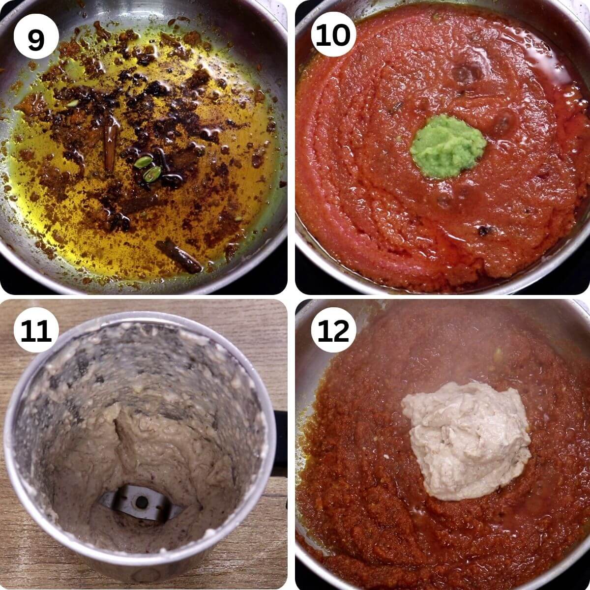 collage of 4 images showing preparing old delhi style chicken changezi. It shows sauteing whole spices, addition of tomato paste, making fried onion and cashew paste and adding to gravy.