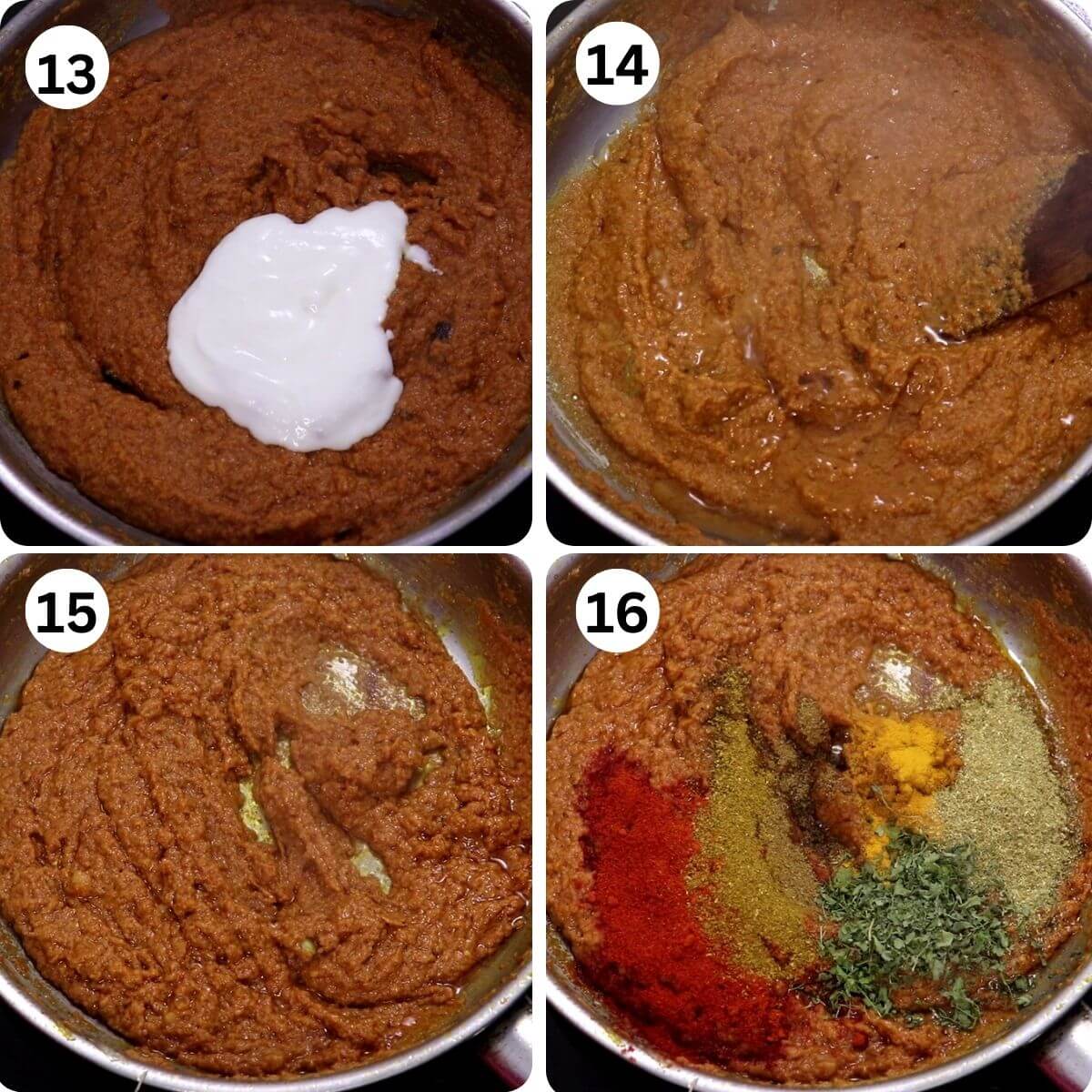 collage of 4 images showing chicken changezi curry making. It shows addition of curd/yogurt, cooking the curry,and addition of spices.