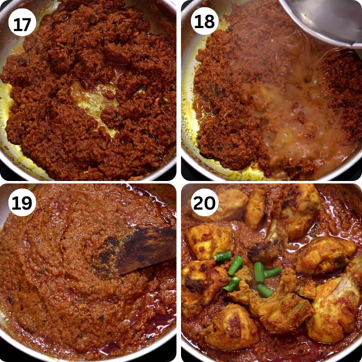 collage of 4 images showing addition of hot water and chicken to the chicken changezi recipe.