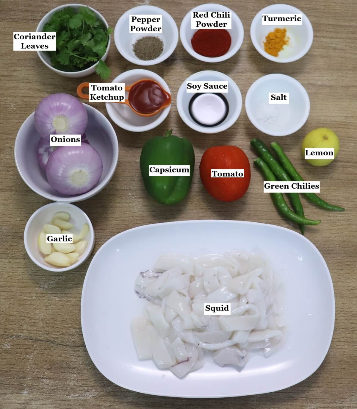 individually labelled ingredients to make squid chilli fry.