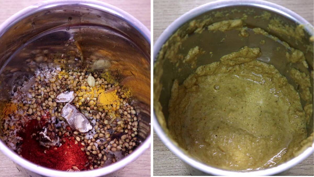 Grinding roasted coconut and spices into smooth masala.