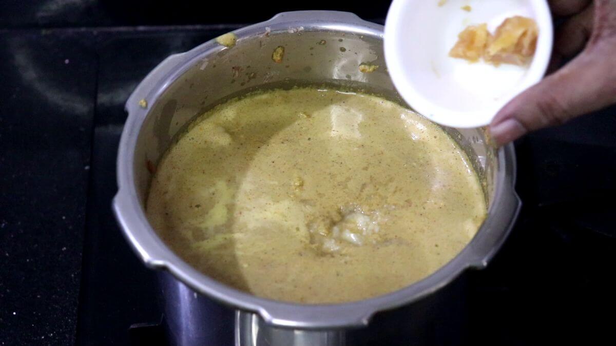 Addition of jaggery to alsanyache tonak.