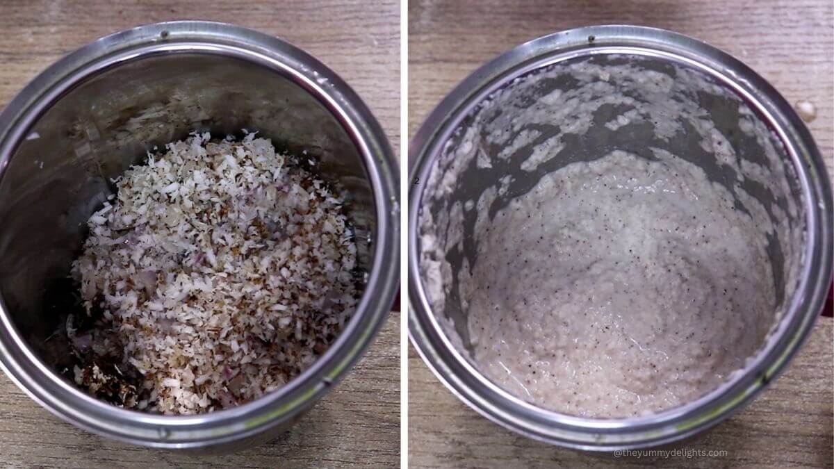 Grinding roasted coconut mixture with tamarind.