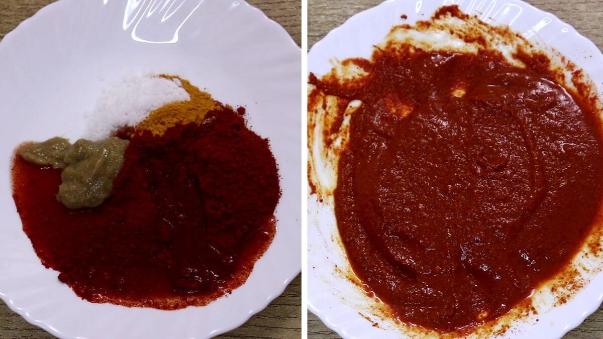Collage of two images for chonak fish fry masala. It shows spices for chonak fish fry in a plate and another image with smooth masala paste made with spices.