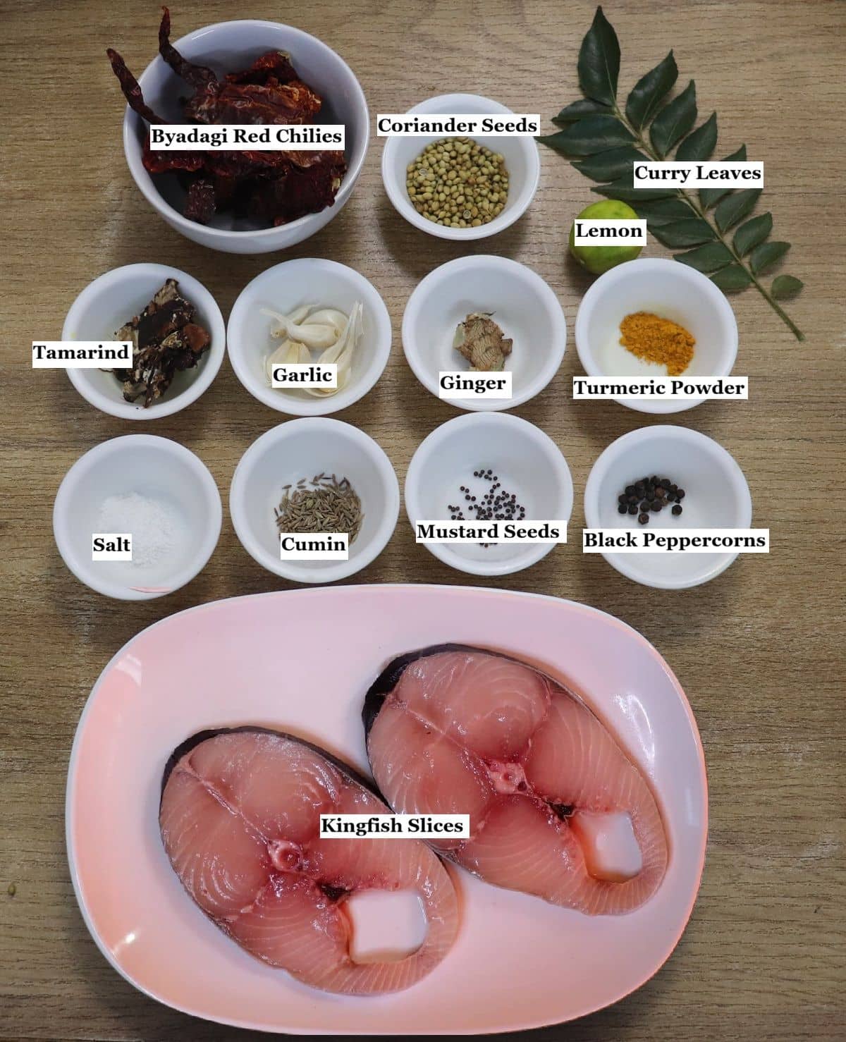 individually labelled ingredients to make fish masala fry recipe.