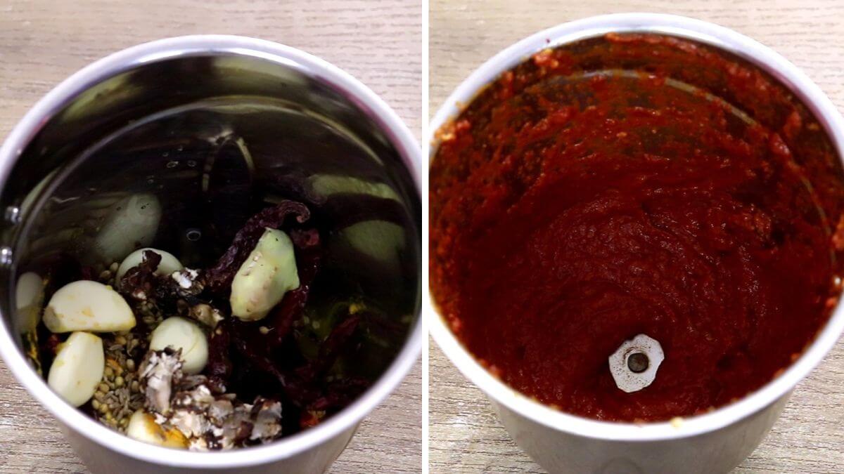 collage of 2 images showing grinding the fish masala (before and after pics).