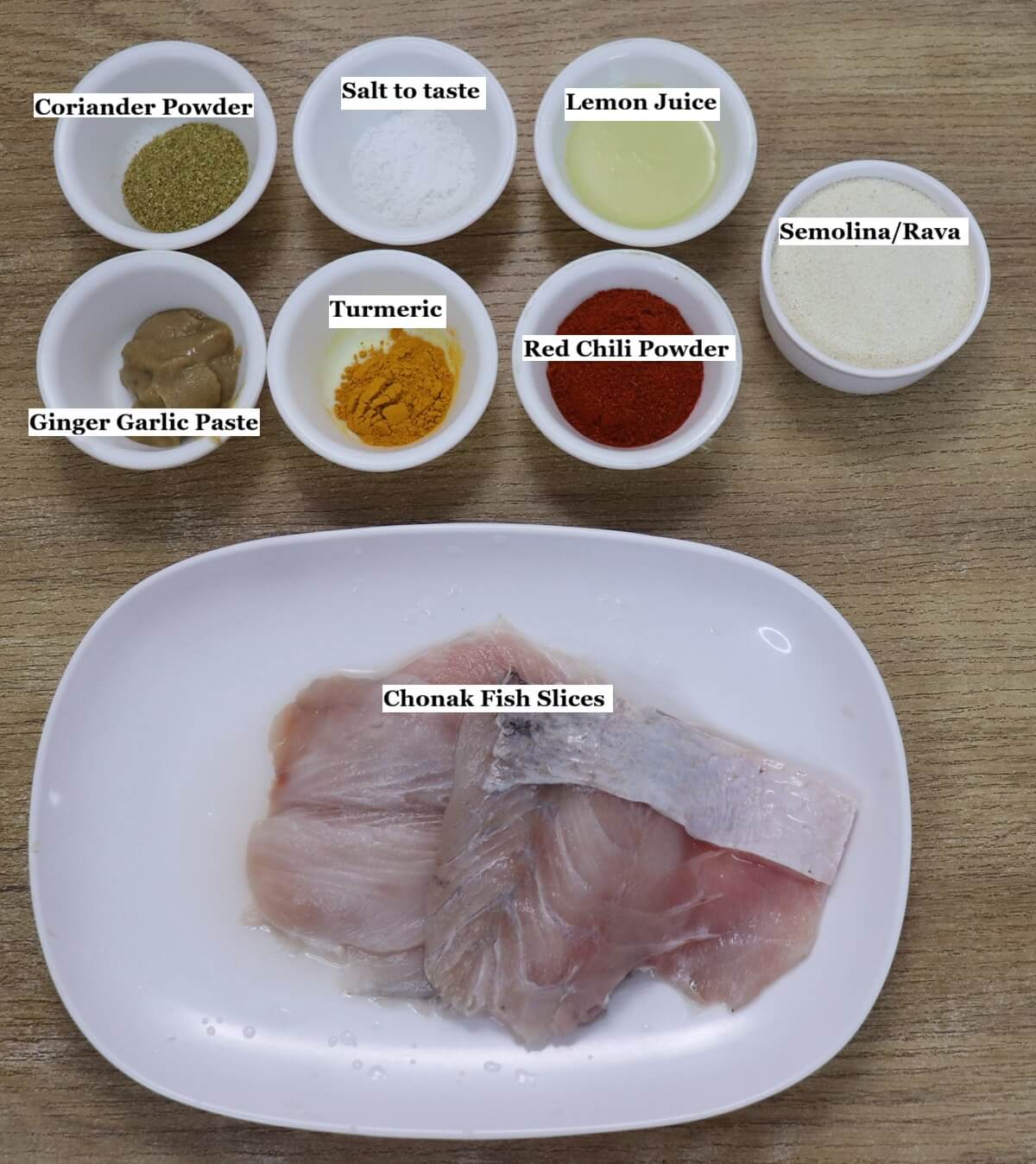 individually labelled ingredients to make chonak fry are laid out on a table.