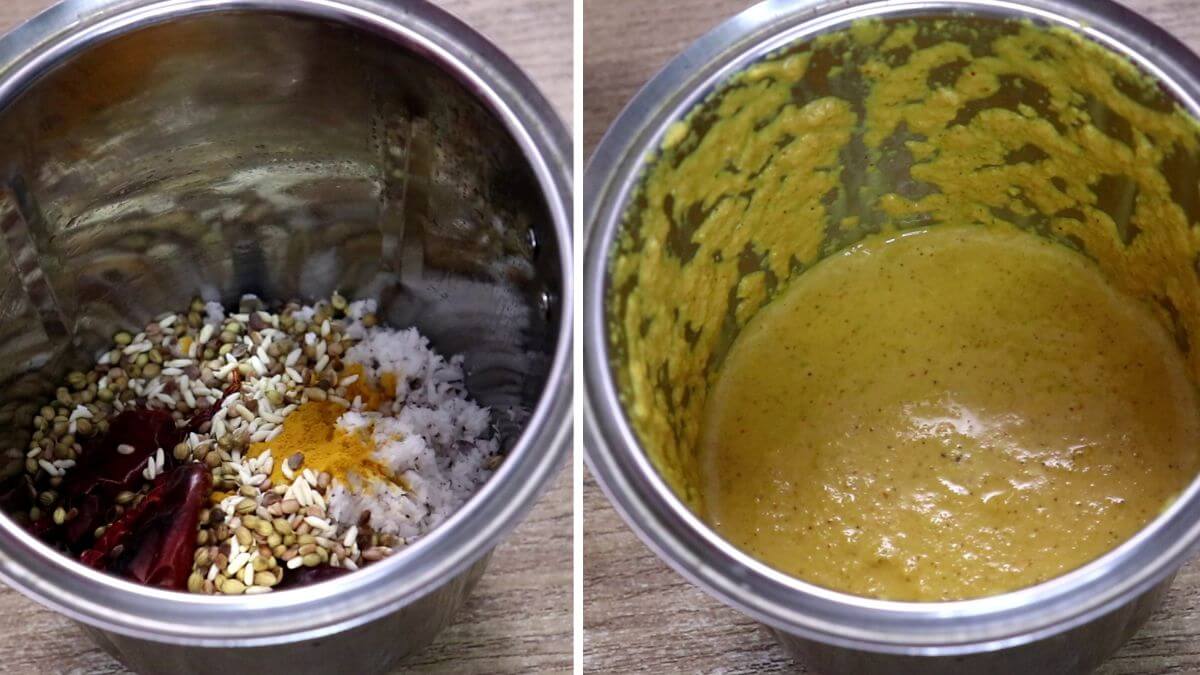 grinding coconut with roasted uddamethi masala and turmeric in a mixer jar.