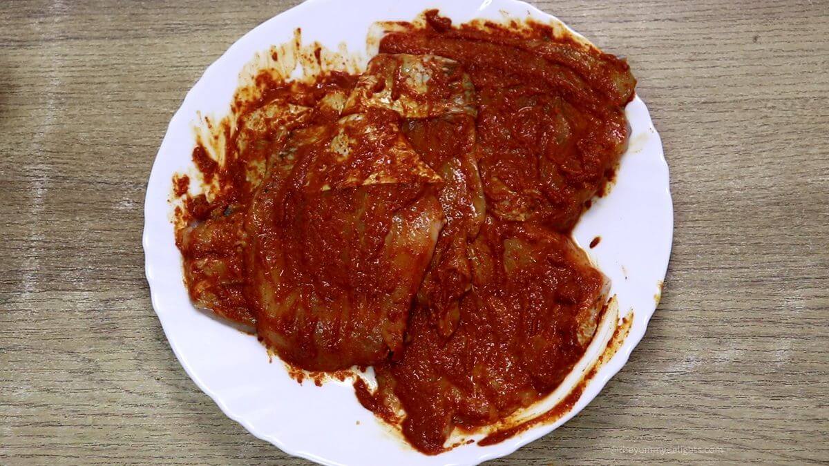 Chonak fish marinated with spices for Goan fish fry.