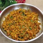 Prawns kismoor (Goan dry shrimp recipe) in a skillet.