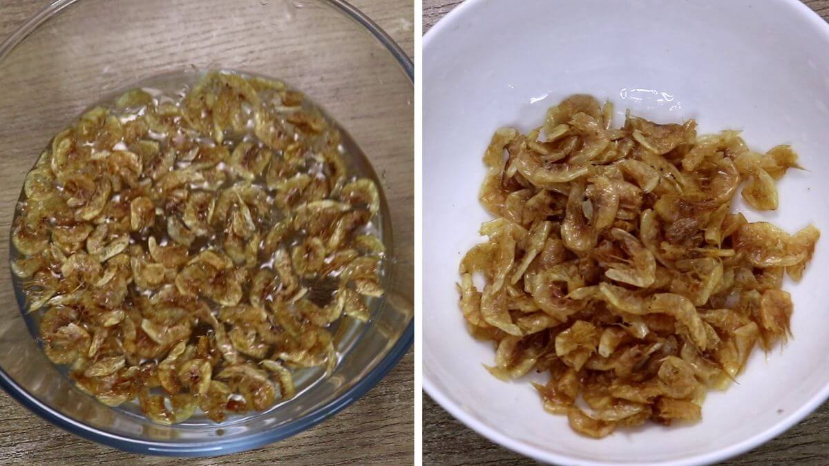 Dry prawns being cleaned and washed for kismoor recipe. There are two images in this collage one shows rinsing dry prawns with water and another cleaned prawns.