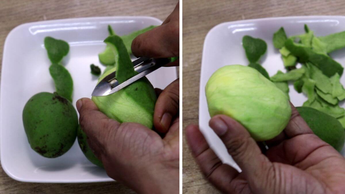 prepping raw mangoes for uddamethi recipe.